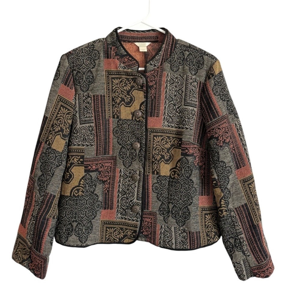 Christopher & Banks Womens Tapestry Patchwork Jacket Size Large Mock Neck Button